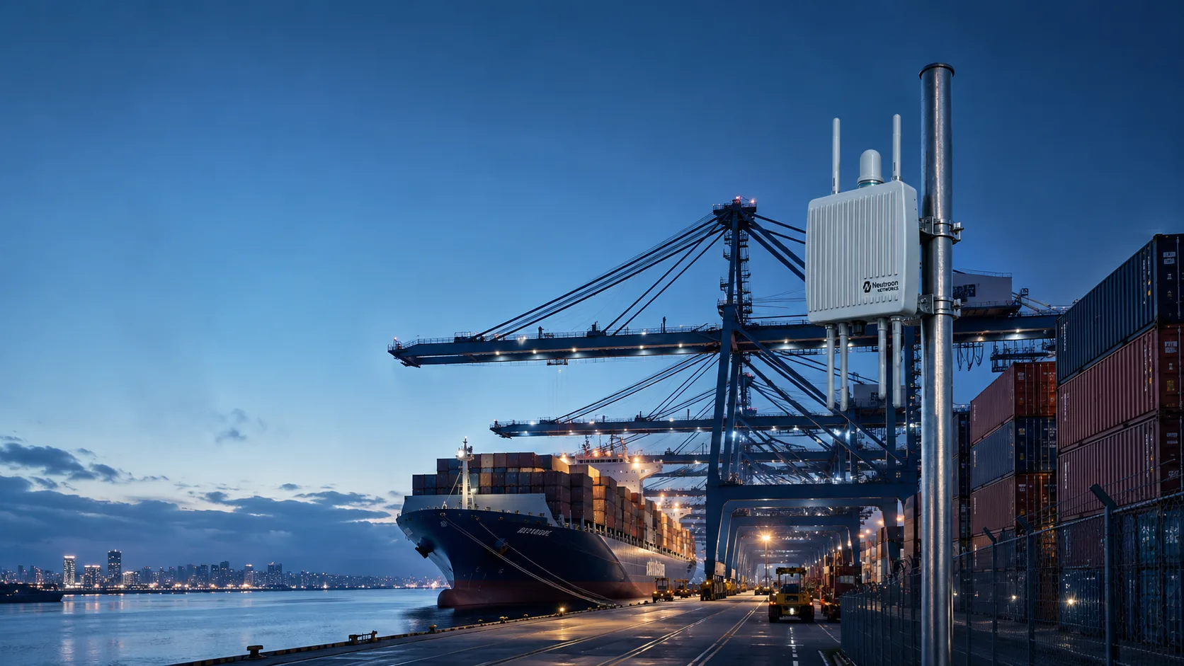 Container port at dusk with a Neutroon Watchdog sensor on a quayside pole monitoring multi-operator coverage.