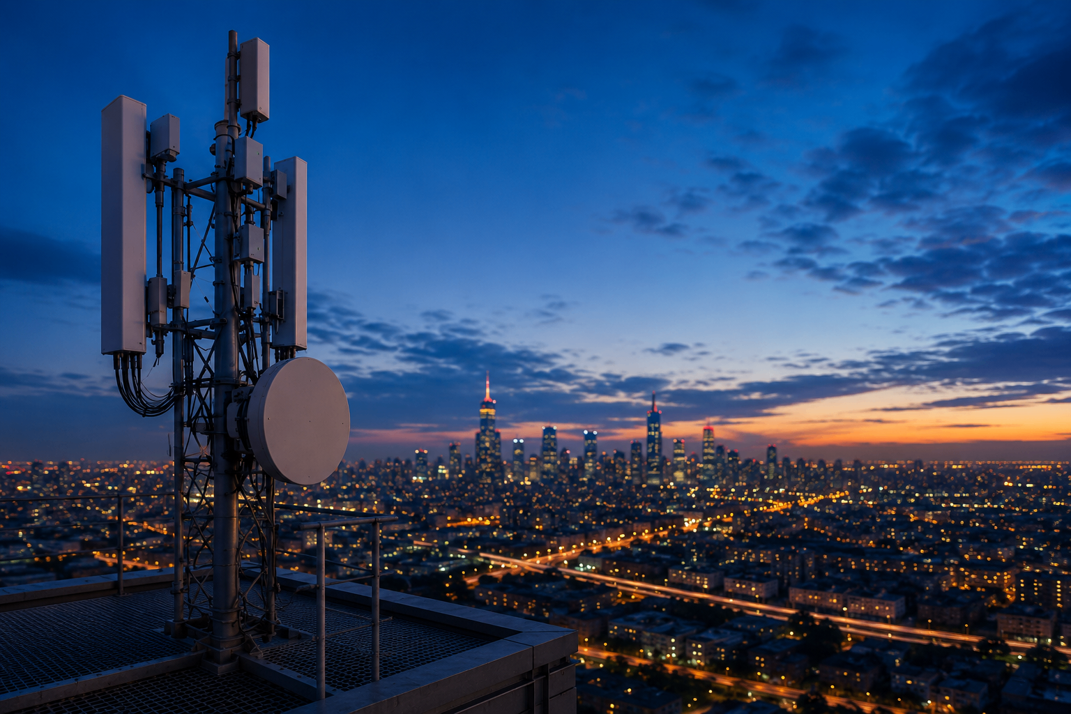 Rooftop multi-operator cellular site overlooking a city at dusk