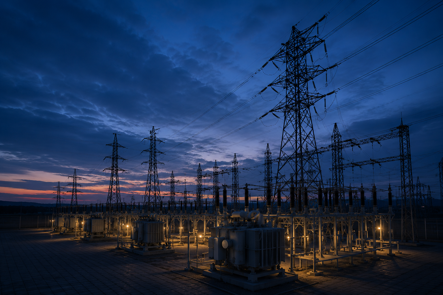 High-voltage electrical substation at dusk