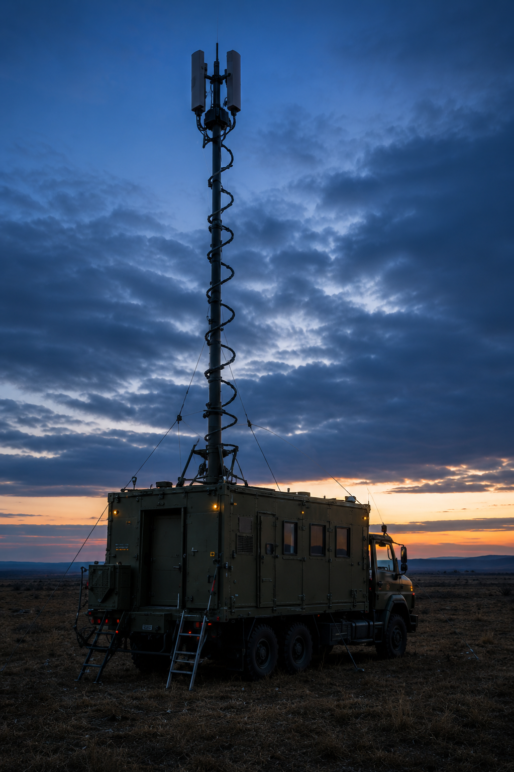Rugged mobile communications vehicle with a deployed antenna mast at dusk