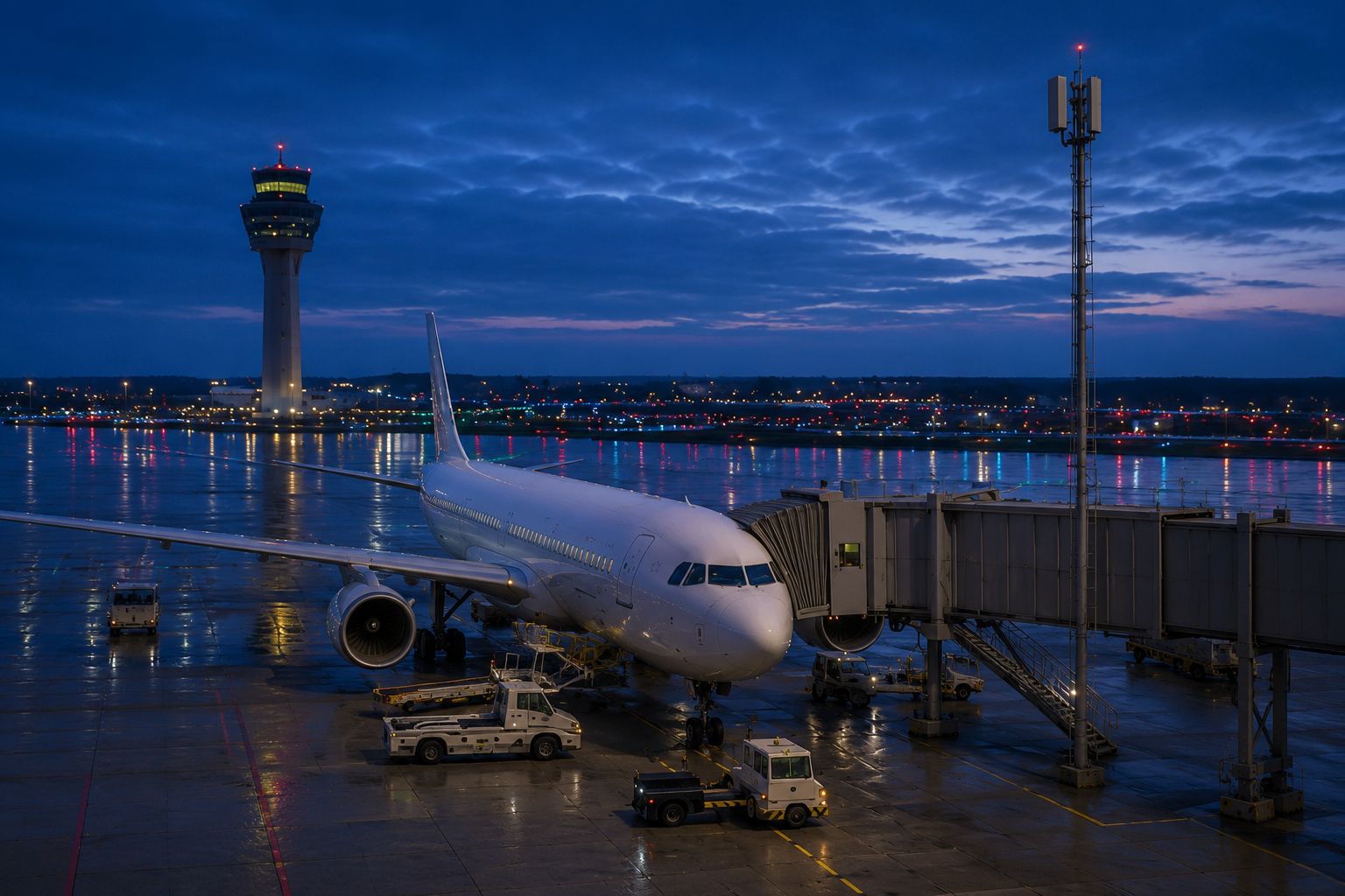 Airport apron at blue hour with aircraft at the gate