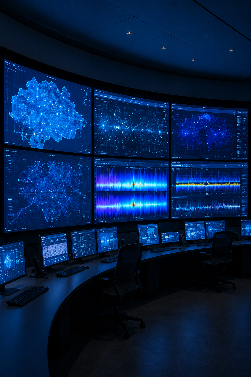 Spectrum-monitoring operations centre with coverage and spectrum displays